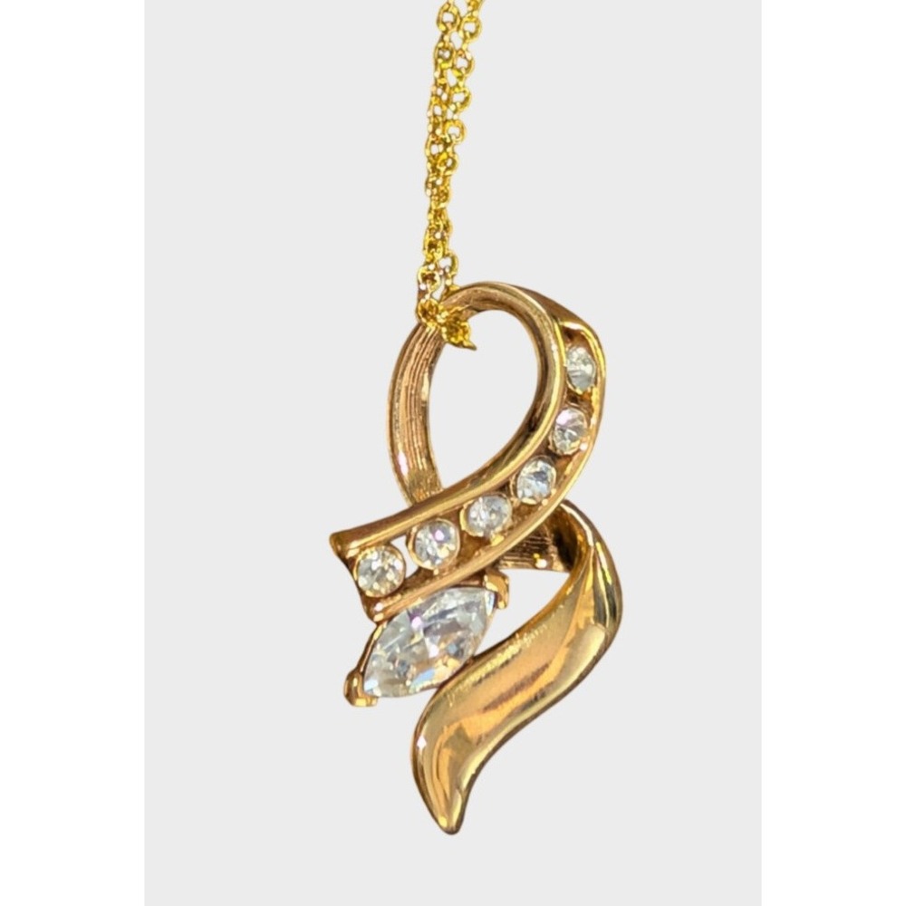 Vintage Necklace Premier Designs Rhinestone Ribbon Swirl Pendant Gold Tone